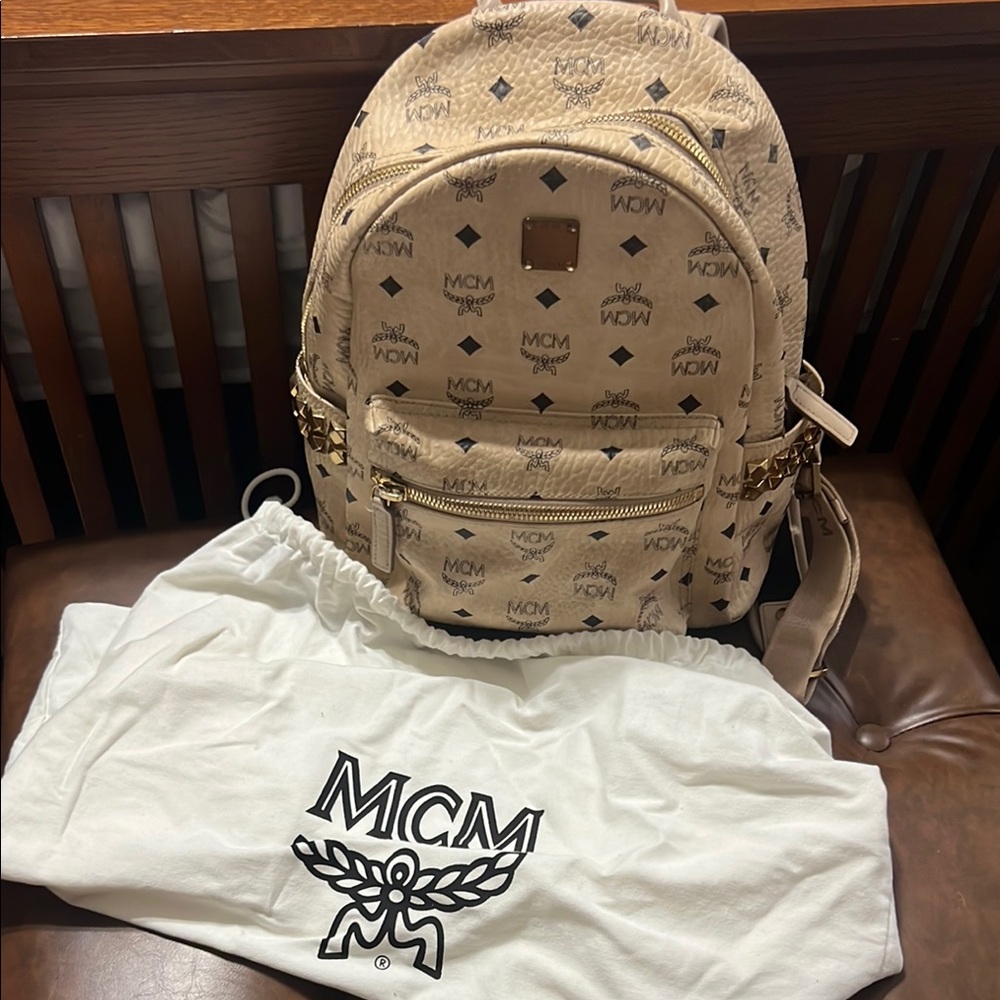 MCM Tan and Gold Designer Backpack with Iconic Pattern